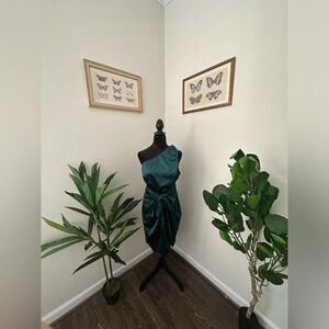 Green one shoulder mini cocktail dress with wrap detail